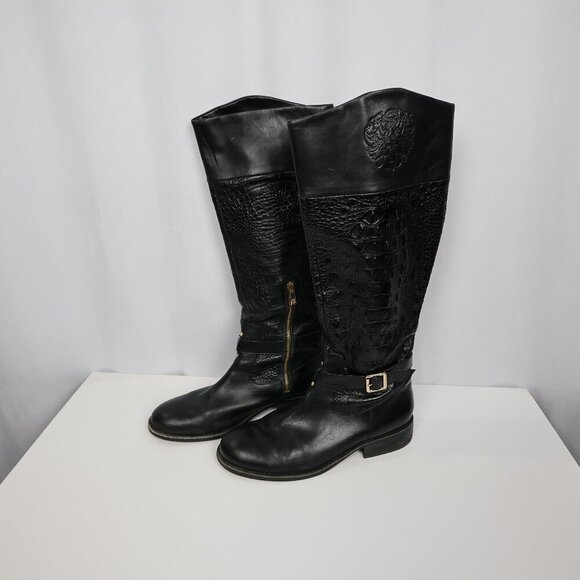 Vince Camuto Black Leather Embossed Knee High Riding Boots Gold Zip Buckle - 10 - Picture 2 of 14
